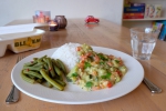 Viscurry of Groentecurry, met kokosrijst en sperzieboontjes